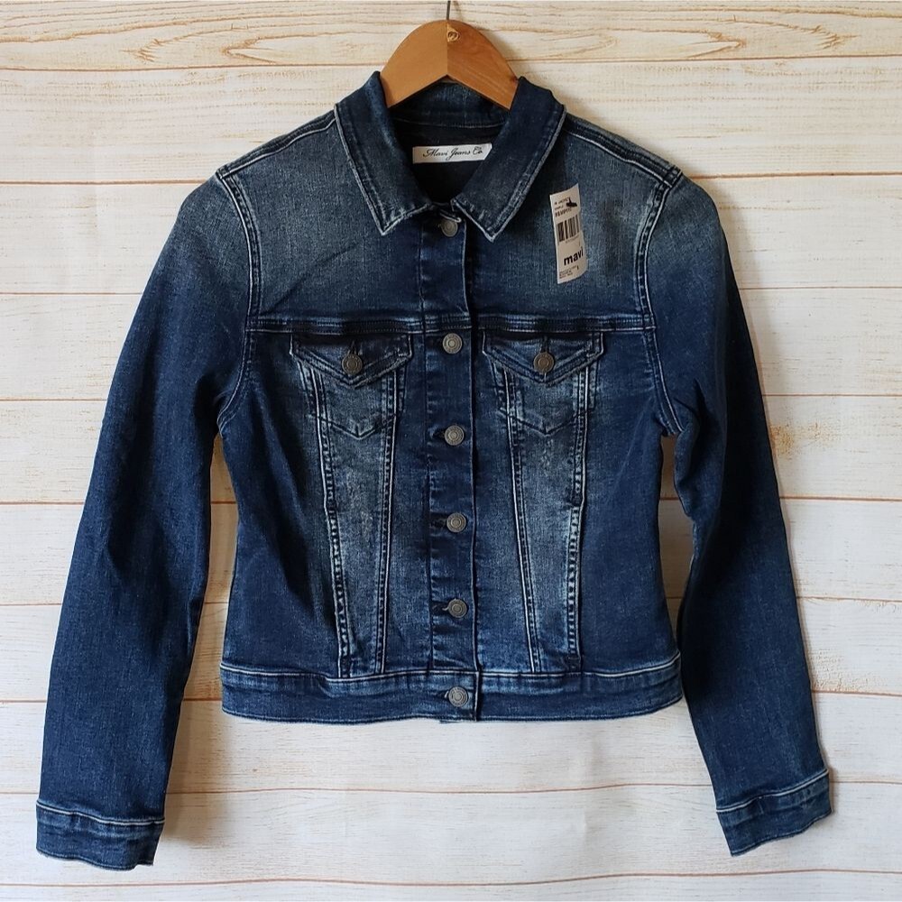 Mavi Jeans Co Daisy Distressed Denim Jean Jacket Stretch Dark Wash Size Small